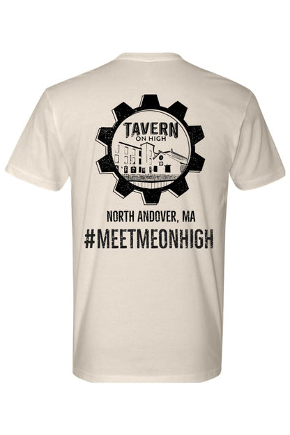 Cream-colored cotton t-shirt featuring a black gear logo, Tavern on High branding, and North Andover, MA text on the back.