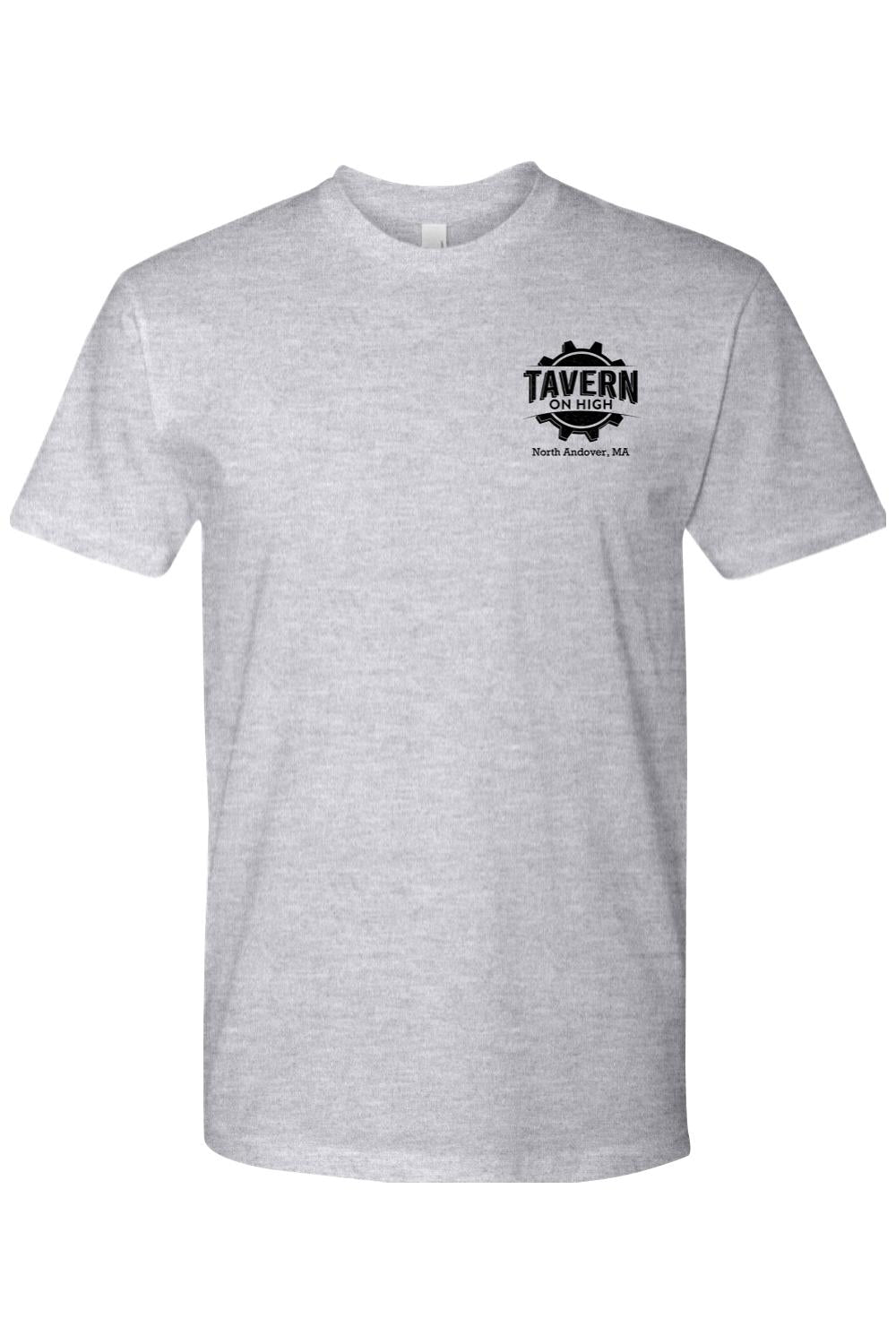 Grey soft cotton crew neck t-shirt featuring a black Tavern on High gear logo on the left chest.