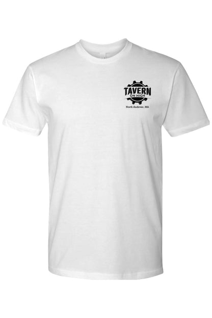 White cotton crewneck t-shirt featuring a black Tavern on High gear logo on the left chest.