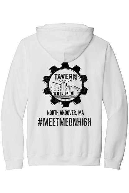 White hooded sweatshirt featuring a black Tavern on High gear logo, North Andover, MA text, and #MEETMEONHIGH hashtag.