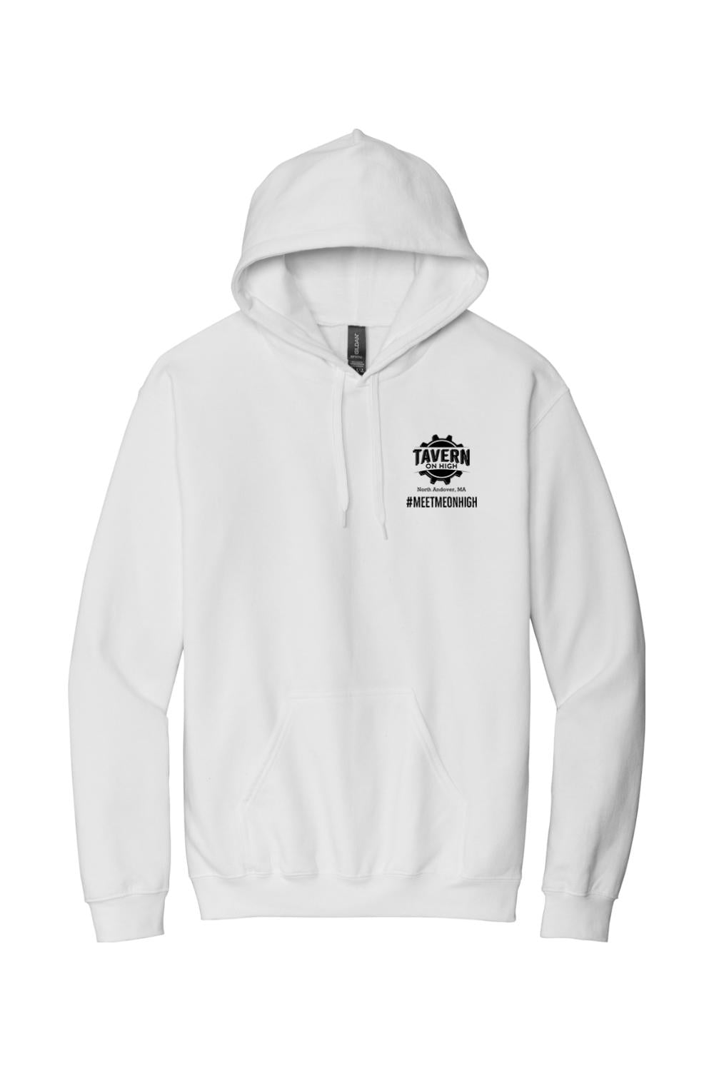 White cotton hooded sweatshirt featuring a black Tavern on High logo on the chest with a front kangaroo pocket.