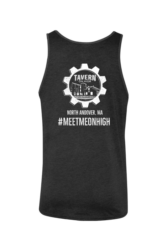 Charcoal grey jersey tank top featuring a white Tavern on High gear logo and #MEETMEONHIGH text on the chest.