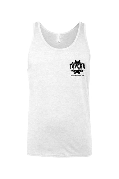 White cotton jersey tank top featuring a black Tavern on High North Andover, MA gear logo on the chest.