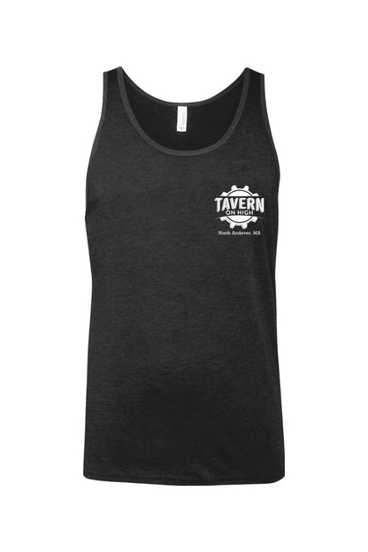 Black jersey tank top featuring a white Tavern on High gear logo on the chest, made from soft, breathable cotton.