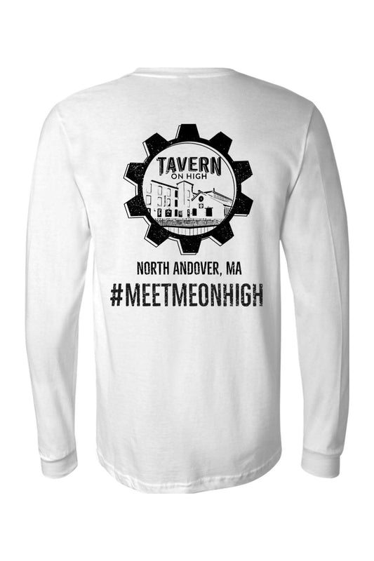 White long-sleeve cotton tee featuring a black Tavern on High gear logo and North Andover, MA text on the back.