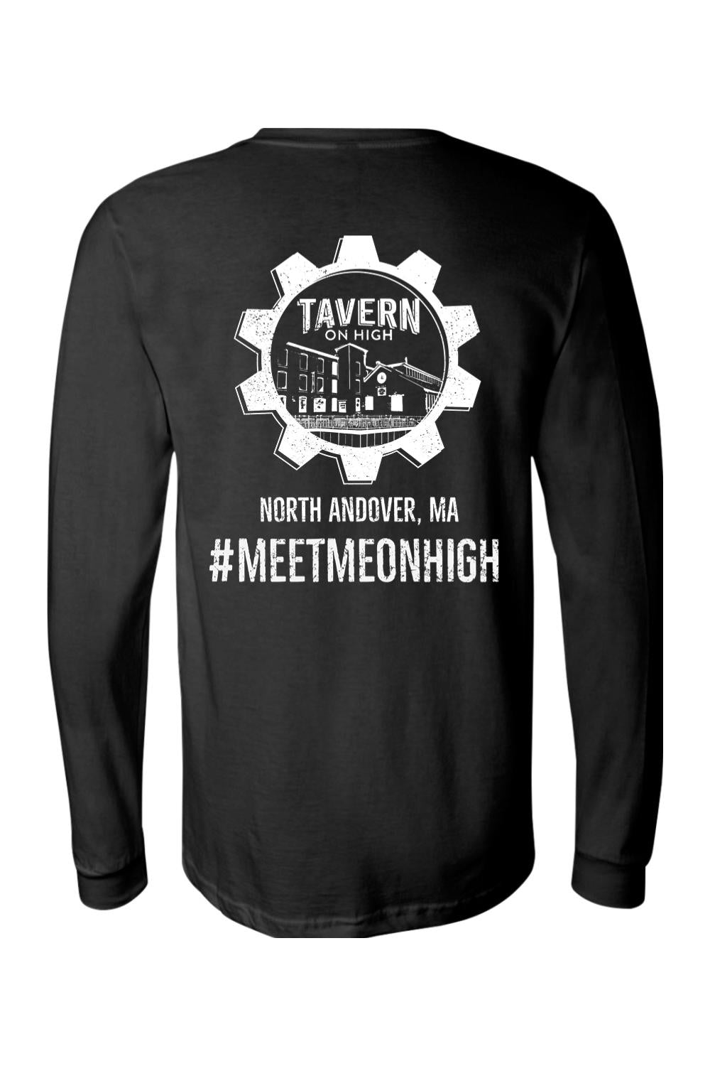 Black long-sleeve cotton tee featuring a white Tavern on High gear logo and #MEETMEONHIGH text on the back.
