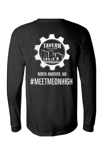 Black long-sleeve cotton tee featuring a white Tavern on High gear logo and #MEETMEONHIGH text on the back.