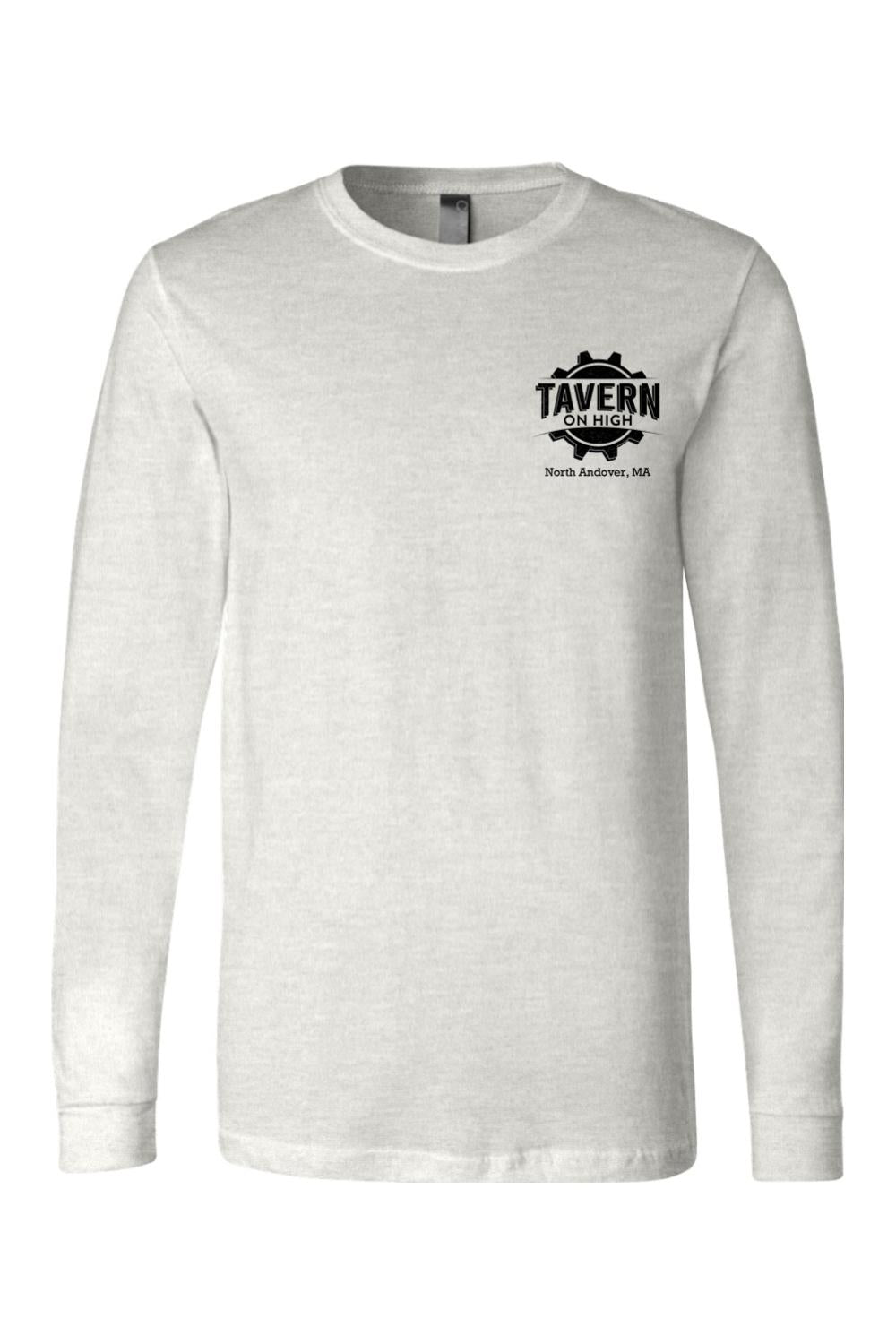 Light grey long sleeve cotton tee featuring a black Tavern on High gear logo on the left chest.