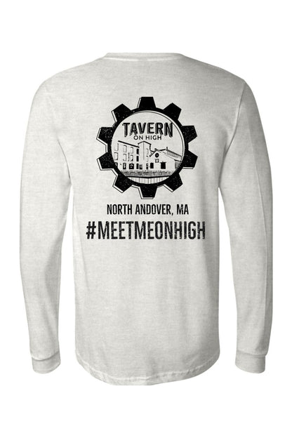 Light grey long-sleeve cotton tee featuring a black Tavern on High gear logo and North Andover, MA text on the back.