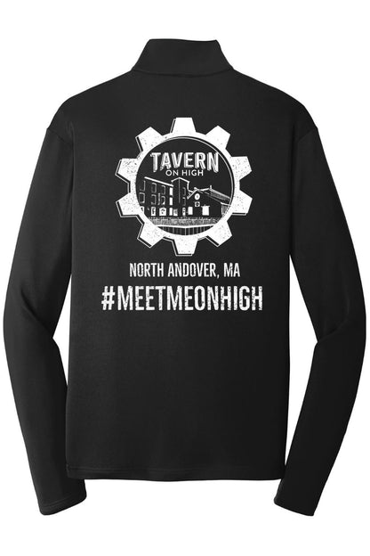 Black quarter-zip pullover featuring a white Tavern on High gear logo and #MEETMEONHIGH text on the back.