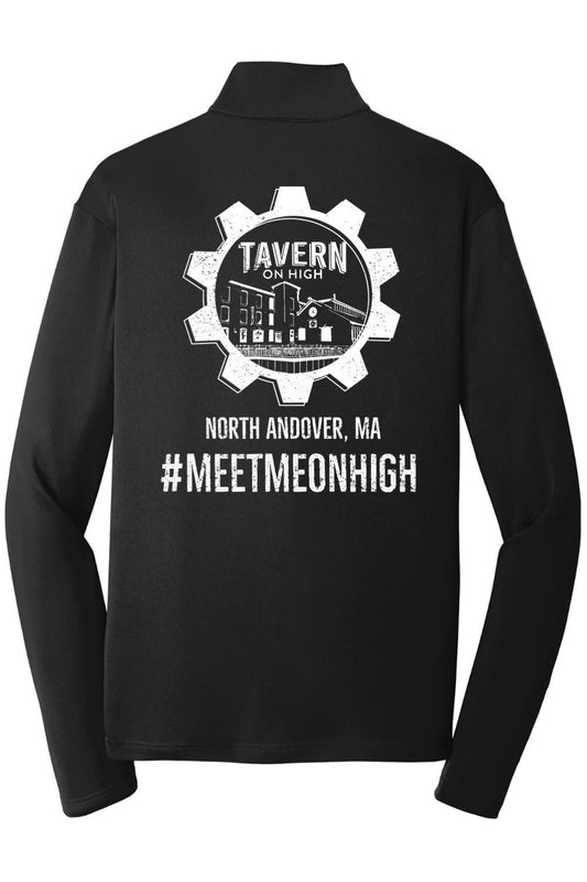 Black quarter-zip pullover featuring a white Tavern on High gear logo and #MEETMEONHIGH text on the back.