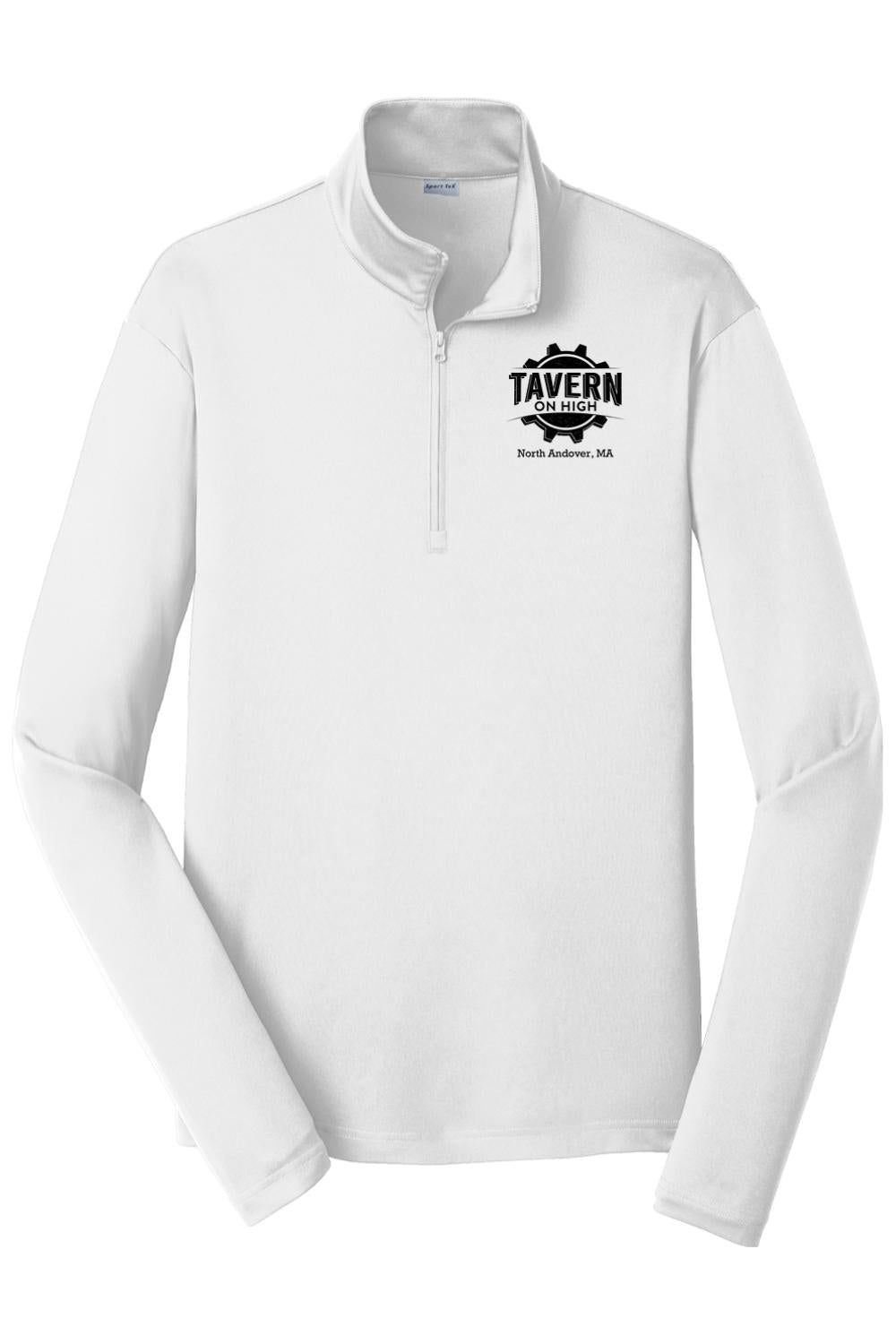 White moisture-wicking quarter-zip pullover featuring a black Tavern on High North Andover, MA logo on the chest.