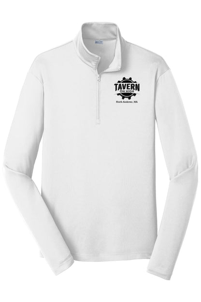 White moisture-wicking quarter-zip pullover featuring a black Tavern on High North Andover, MA logo on the chest.