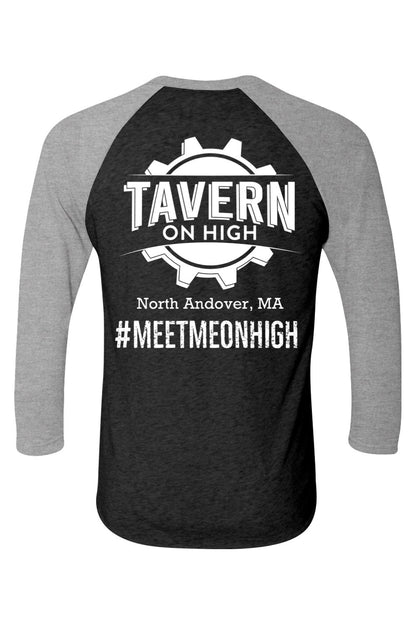 Black and grey tri-blend 3/4 sleeve raglan tee featuring a white Tavern on High gear logo graphic on the back.