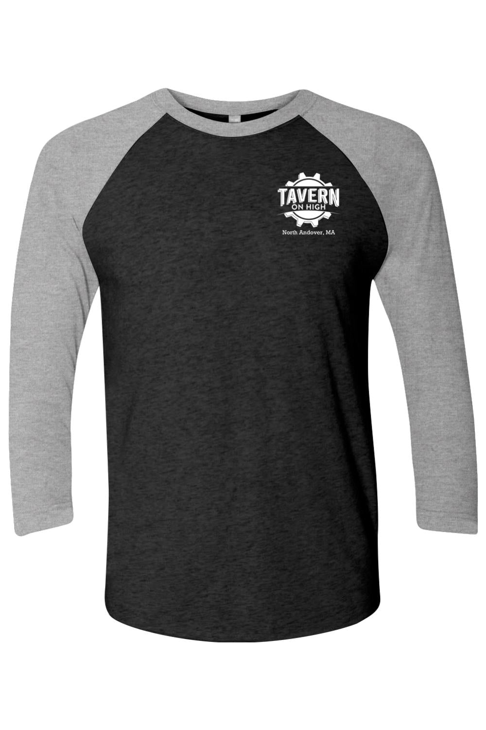 Men's tri-blend 3/4 sleeve raglan tee in black and grey with Tavern on High logo on the chest.