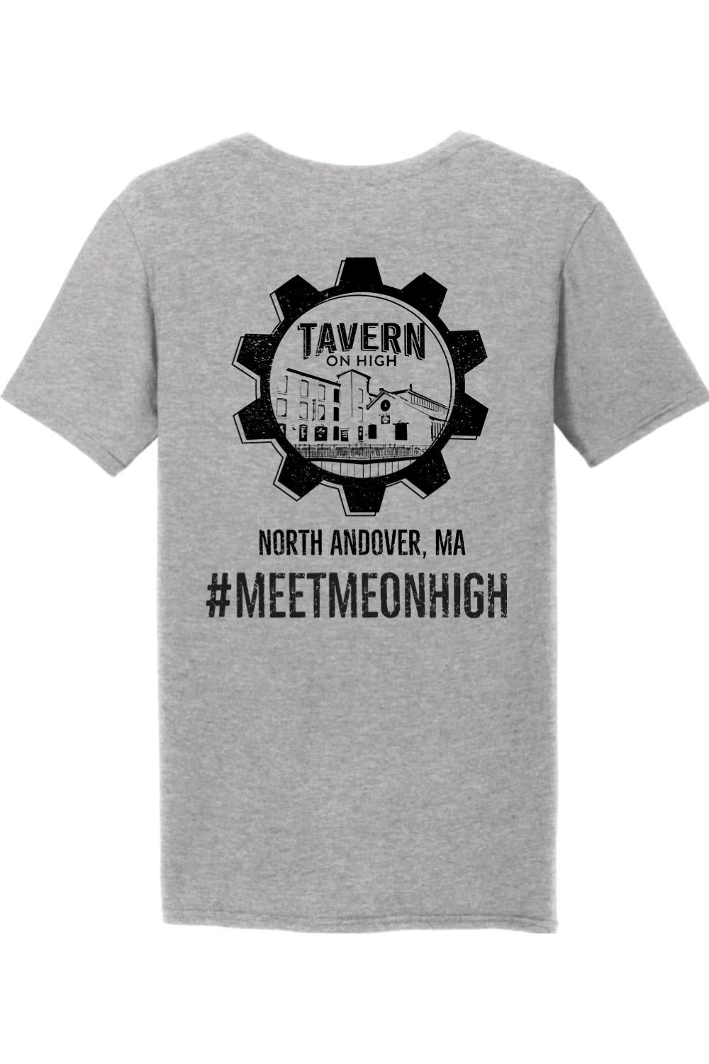 Grey cotton v-neck t-shirt featuring a black Tavern on High gear logo graphic on the back.