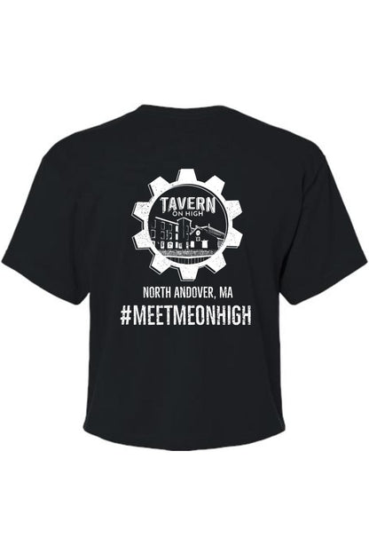 Black cotton women's cropped tee featuring a white Tavern on High gear logo and #MEETMEONHIGH text graphic.