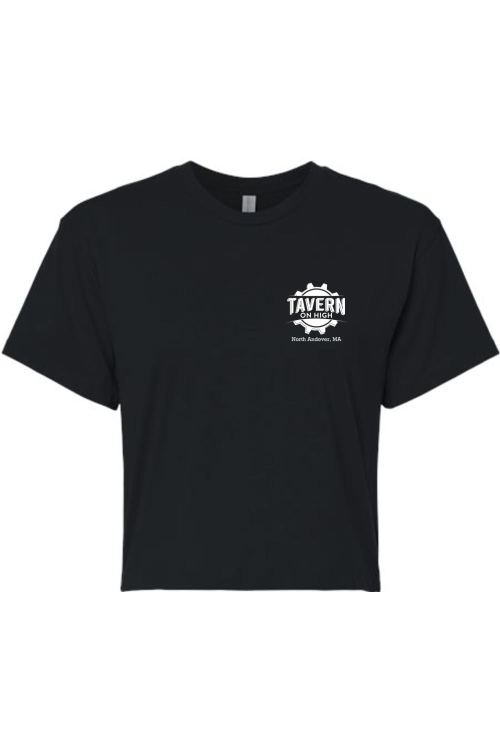 Black cotton women's cropped tee featuring a white Tavern on High gear logo on the left chest.