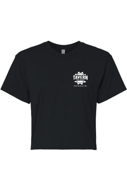 Black cotton women's cropped tee featuring a white Tavern on High gear logo on the left chest.
