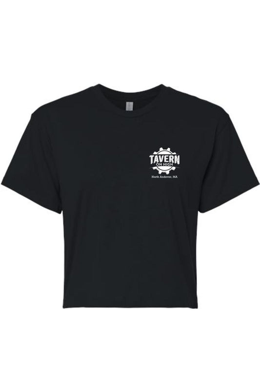 Black cotton women's cropped tee featuring a white Tavern on High gear logo on the left chest.