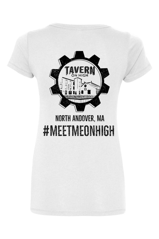 White cotton V-neck T-shirt featuring a black Tavern on High gear logo and North Andover, MA graphic on the back.