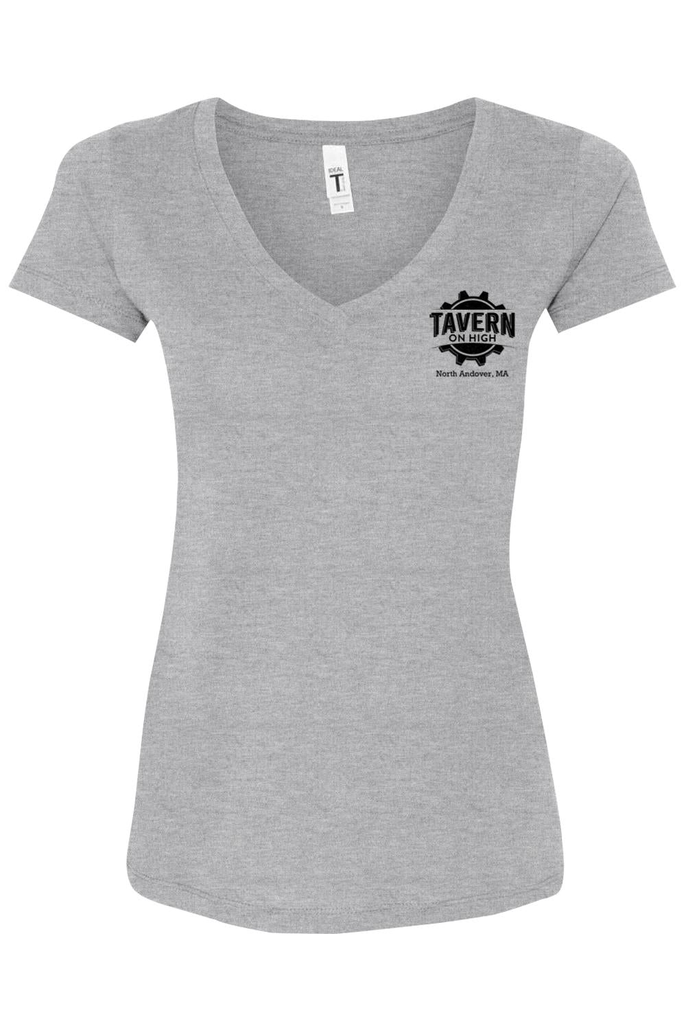 Grey women’s cotton V-neck T-shirt featuring a black Tavern on High gear logo on the chest.
