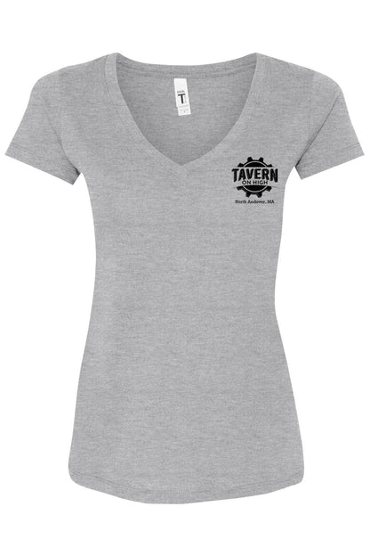 Grey women’s cotton V-neck T-shirt featuring a black Tavern on High gear logo on the chest.
