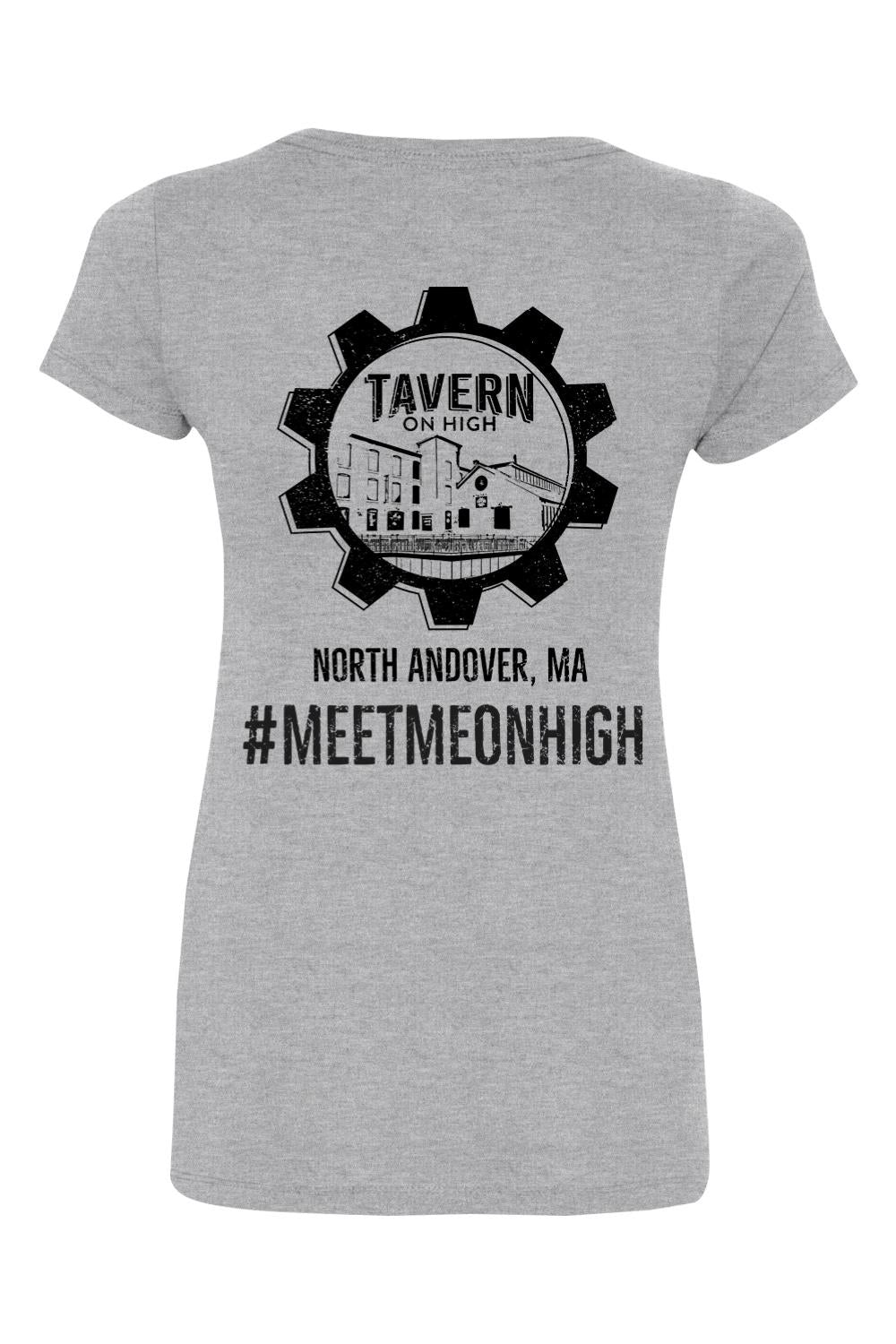 Grey cotton women's V-neck t-shirt featuring a black Tavern on High gear logo and North Andover, MA text on the back.