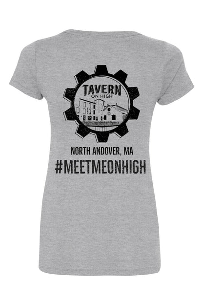 Grey cotton women's V-neck t-shirt featuring a black Tavern on High gear logo and North Andover, MA text on the back.