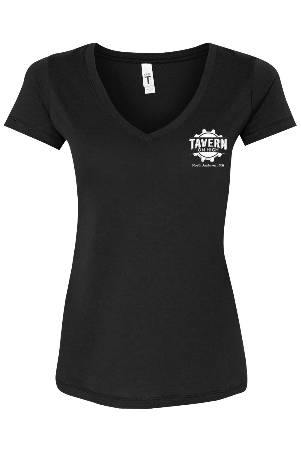 Black women's cotton V-neck T-shirt featuring a white Tavern on High gear logo on the left chest.