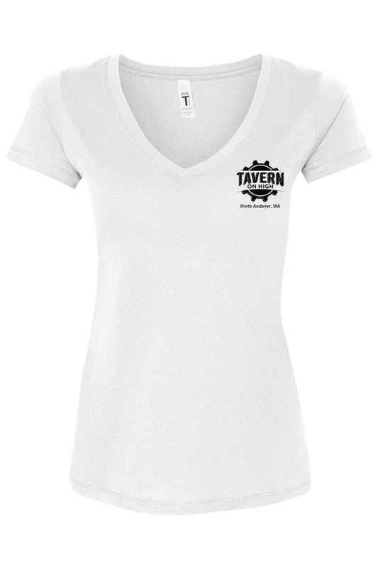 White women's cotton V-neck T-shirt featuring a black Tavern on High gear logo on the left chest.