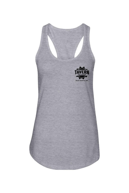 Grey heather racerback tank top with a black Tavern on High gear logo on the chest.