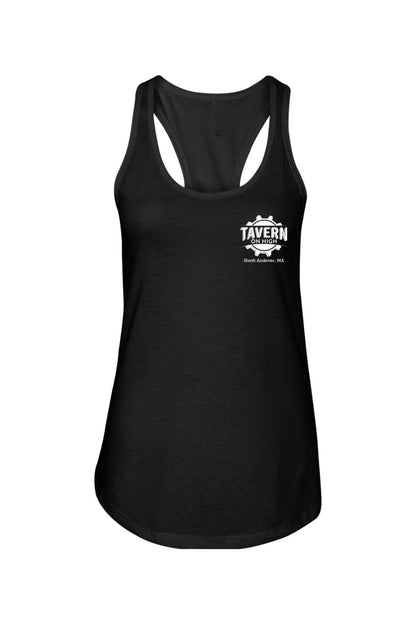 Black women's racerback tank top with white Tavern on High logo on the chest, made from soft cotton-poly blend.