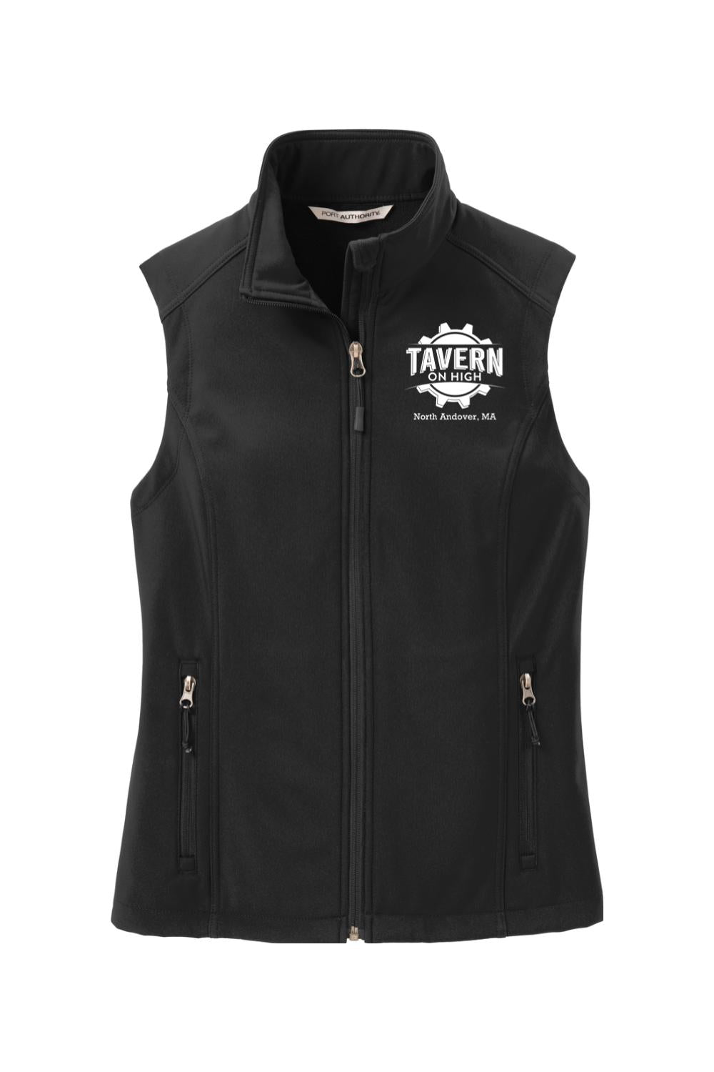 Black Tavern on High women's soft shell vest with cadet collar, zippered pockets, and white logo on the chest.