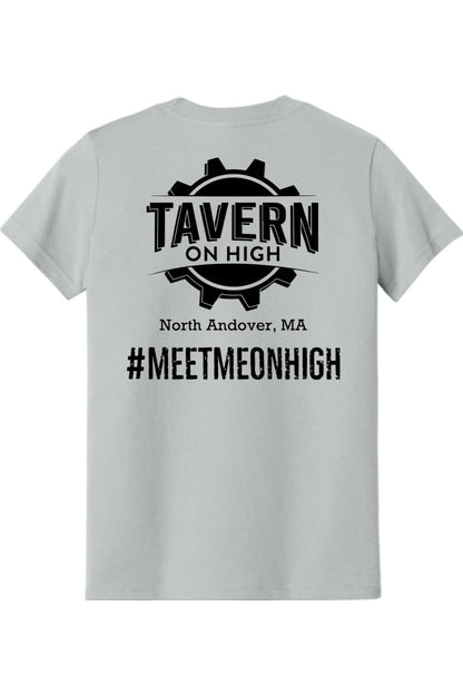 Light gray youth cotton t-shirt featuring a black Tavern on High gear logo and hashtag on the back.