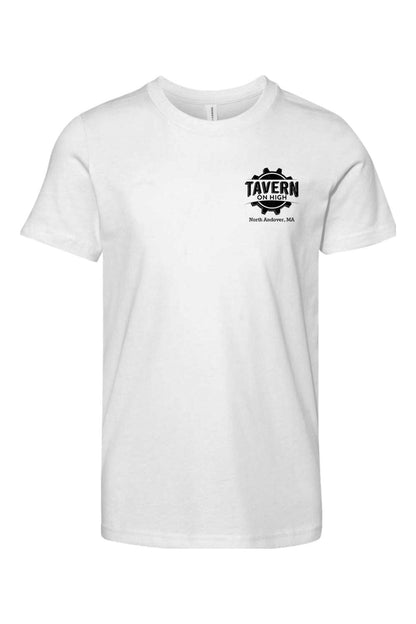White youth short-sleeve cotton tee featuring a black Tavern on High gear logo on the chest.