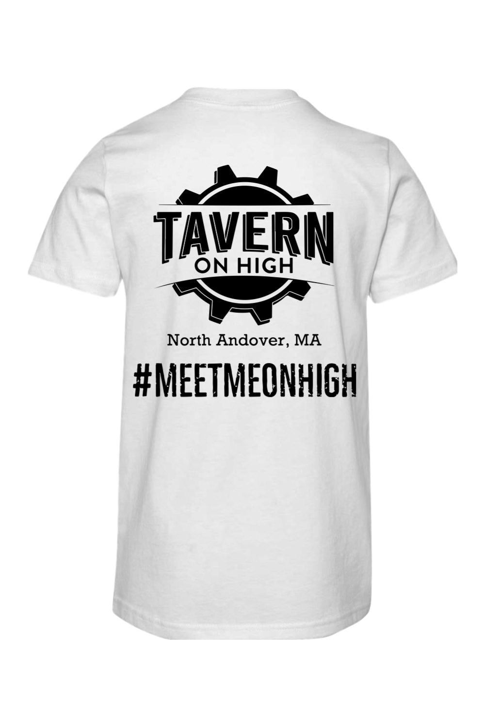 White youth short sleeve cotton tee featuring a black Tavern on High gear logo and #MEETMEONHIGH text on the back.