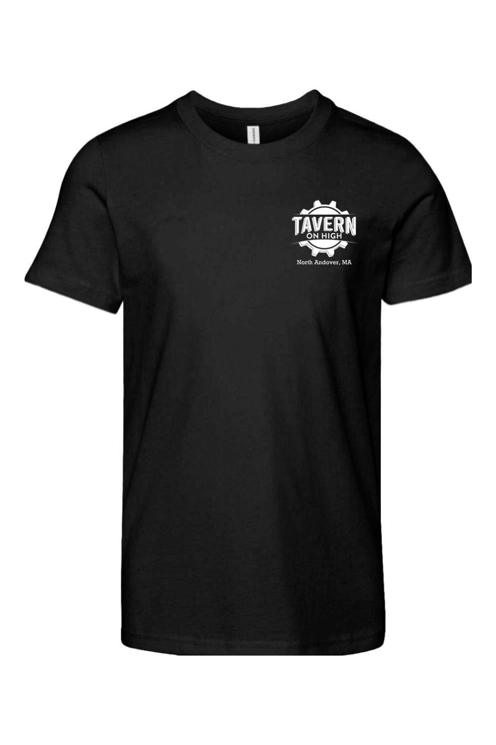 Black youth short sleeve cotton tee with a white Tavern on High gear logo on the left chest.