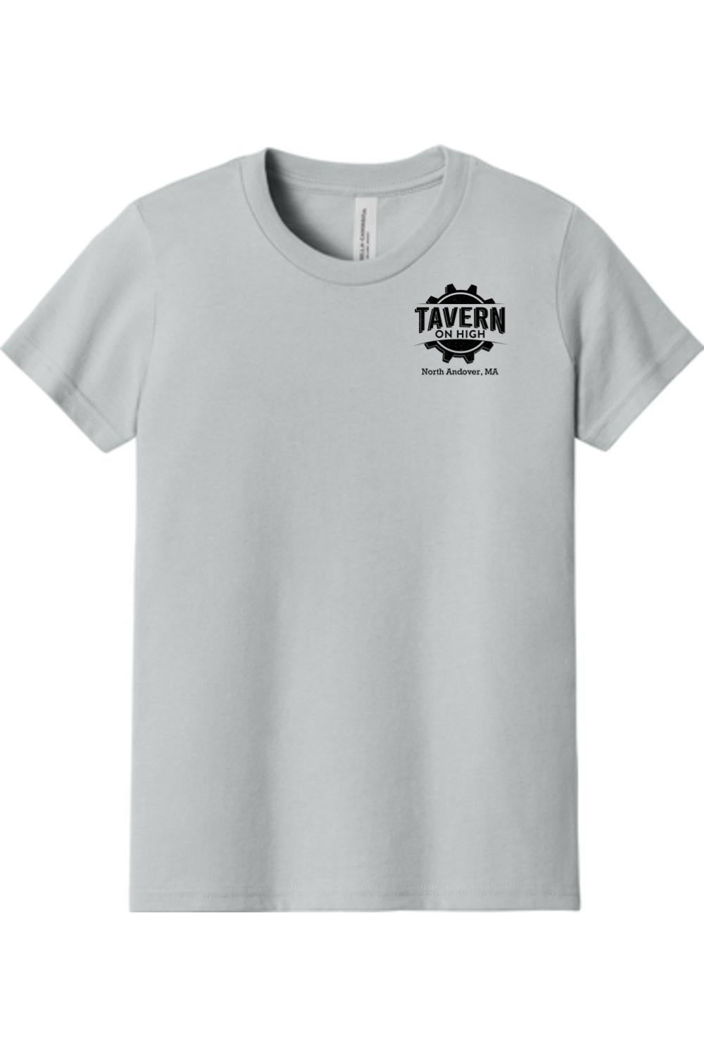 Light grey youth short sleeve cotton tee with a black Tavern on High gear logo on the chest.