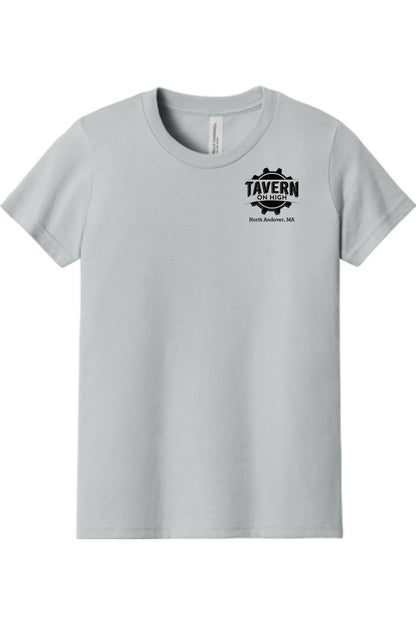 Light grey youth short sleeve cotton tee with a black Tavern on High gear logo on the chest.