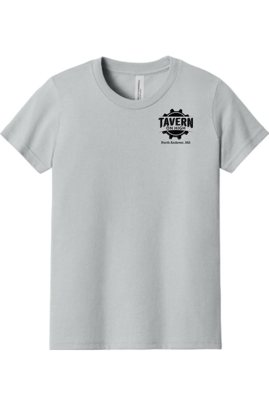 Light grey youth short sleeve cotton tee with a black Tavern on High gear logo on the chest.