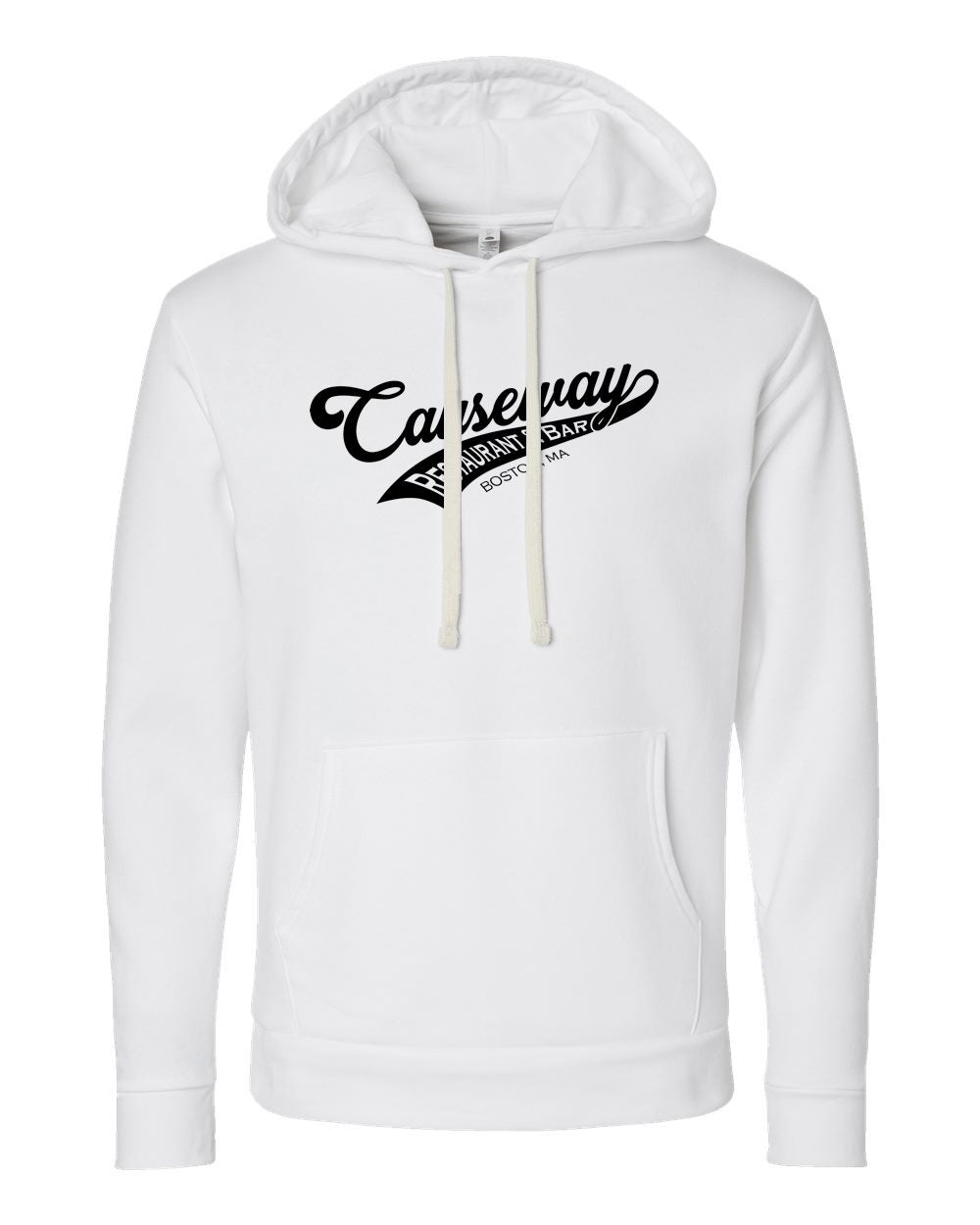 White cotton-blend hoodie with Team Causeway logo, jersey-lined hood, natural drawcords, and front pouch pocket.