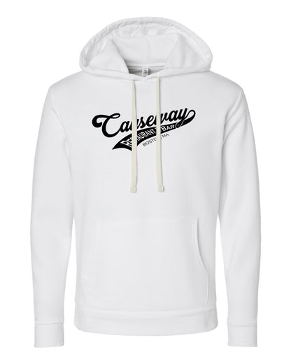 White cotton-blend hoodie with Team Causeway logo, jersey-lined hood, natural drawcords, and front pouch pocket.