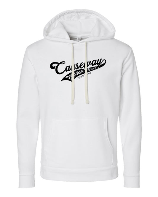 White cotton-blend hoodie with Team Causeway logo, jersey-lined hood, natural drawcords, and front pouch pocket.