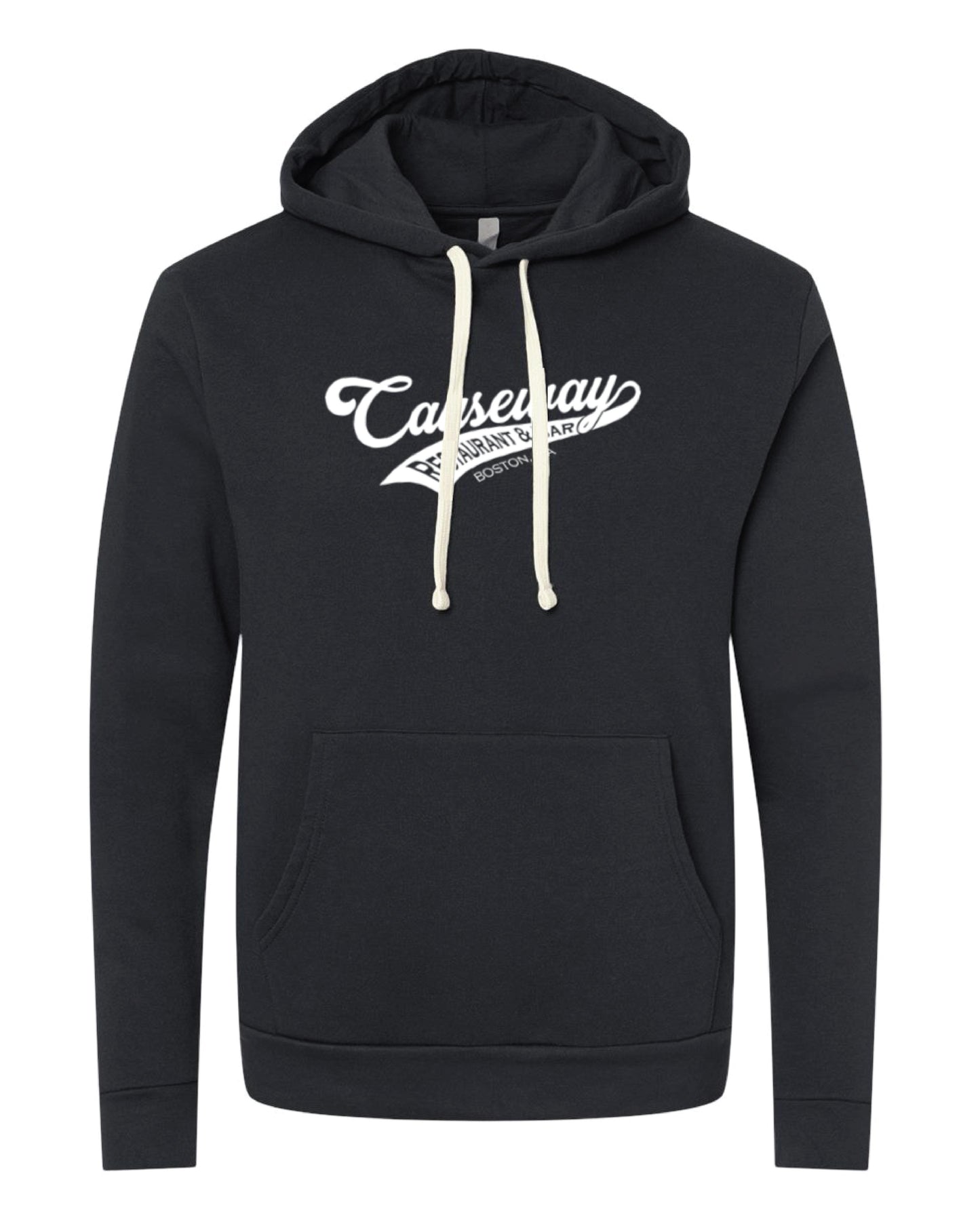 Black cotton-blend hoodie with Team Causeway logo, jersey-lined hood, natural drawcords, and front pouch pocket.