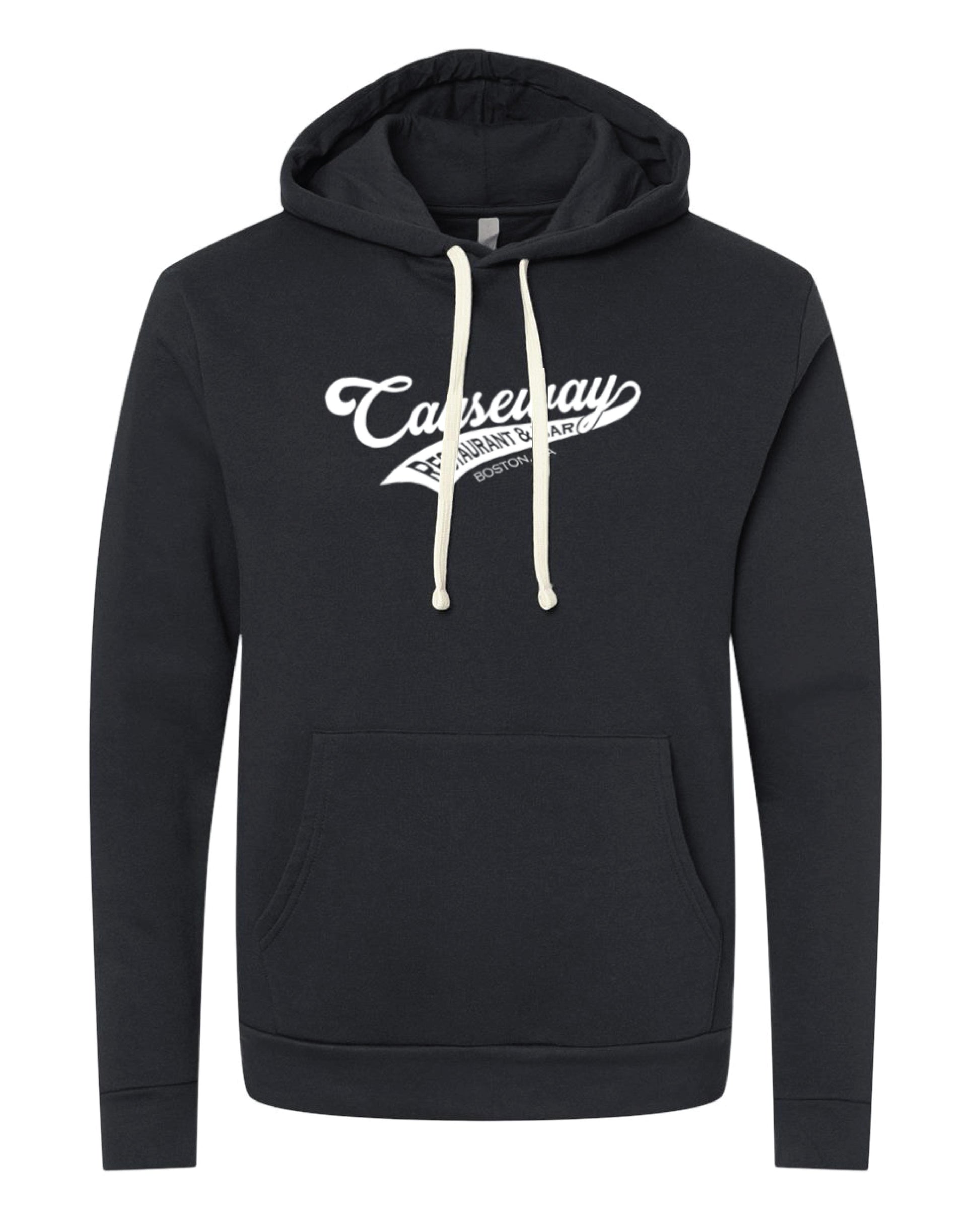 Black cotton-blend hoodie with Team Causeway logo, jersey-lined hood, natural drawcords, and front pouch pocket.