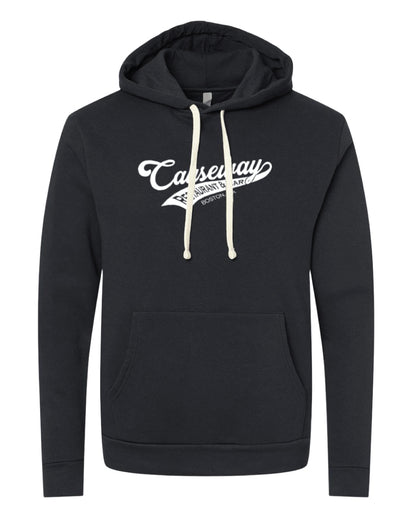 Black cotton-blend hoodie with Team Causeway logo, jersey-lined hood, natural drawcords, and front pouch pocket.
