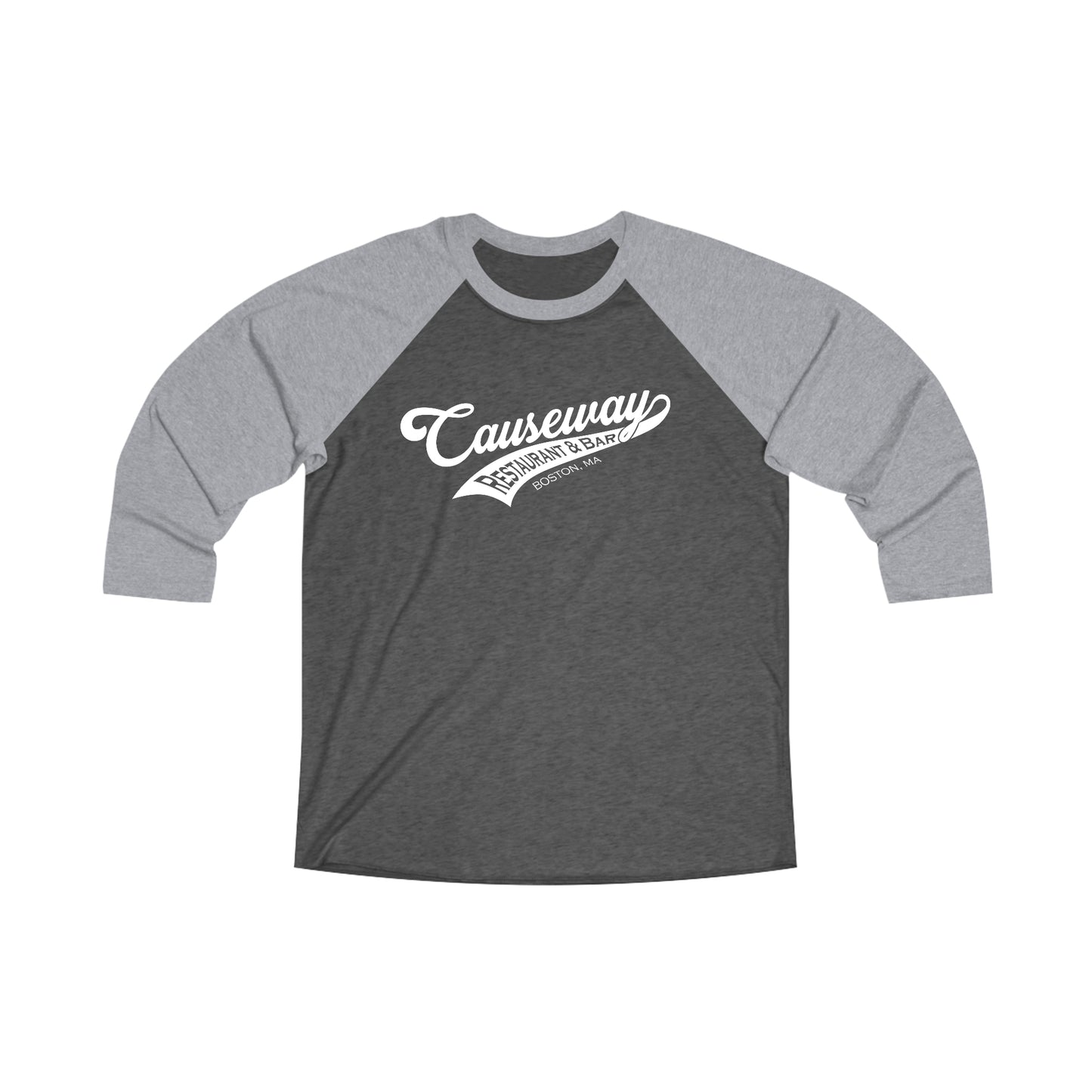 Men's tri-blend baseball tee with grey sleeves and a dark heather grey body featuring a white Causeway logo print.