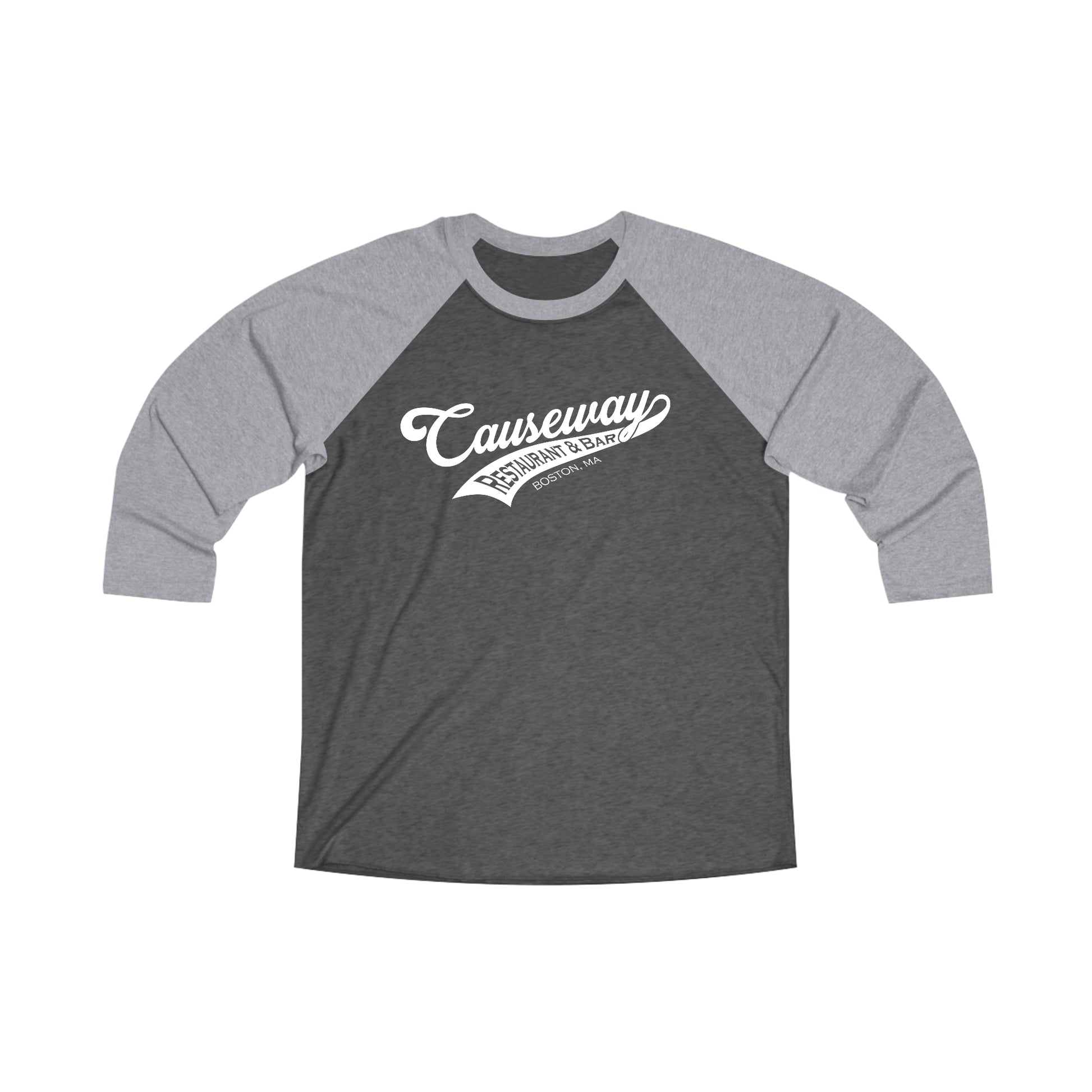 Men's tri-blend baseball tee with grey sleeves and a dark heather grey body featuring a white Causeway logo print.