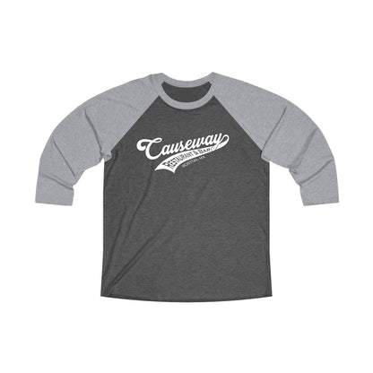 Men's tri-blend baseball tee with grey sleeves and a dark heather grey body featuring a white Causeway logo print.